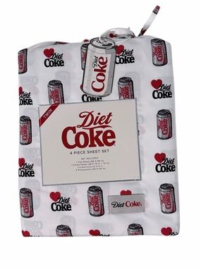 Diet Coke Twin Sheet Set 4 Piece Coca Cola Soda Can Hearts Bedding NWT